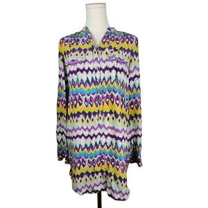 Haute Hippie Tunic Top or Dress XS 100% Silk Purple Blue Button-Up Ikat Print